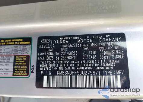 2018 Hyundai Santa Fe Se z USA, uszkodzony, nr VIN KM8SNDHF5JU275671